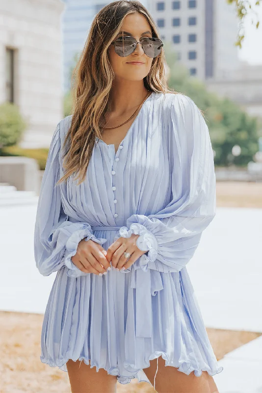 Pleated Ruffled Tie Waist Buttons V Neck Romper