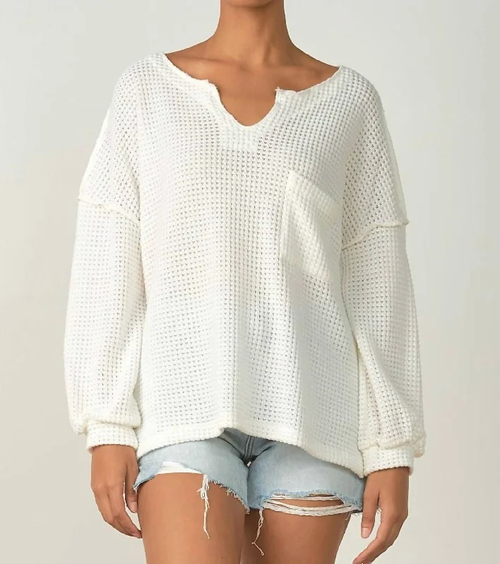 Long Sleeve V-Neck Front Thermal Sweater In White