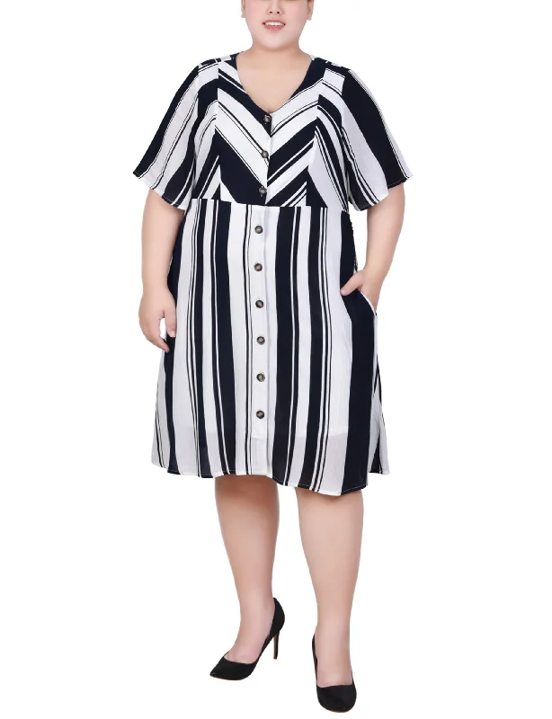 Plus Size Elbow Sleeve Button Front Dress