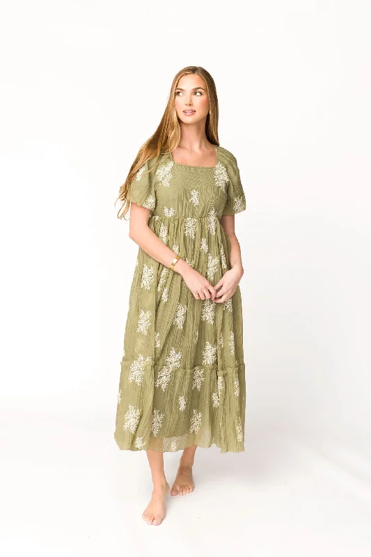 Hallie Embroidered Maxi Dress in Olive - Bump Friendly & Inclusive Sizing (S-3XL)