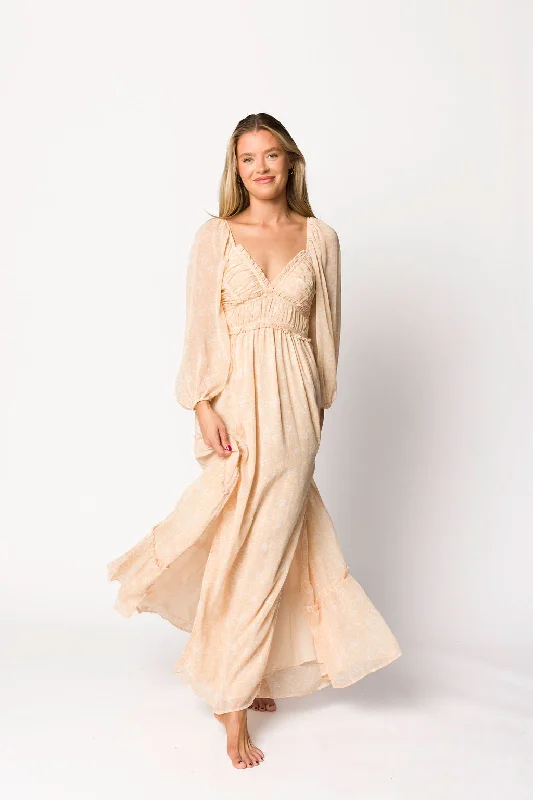 Daphne Long Sleeve Maxi Dress in Light Beige/White Floral - Bump Friendly & Inclusive Sizing (XS-3XL)