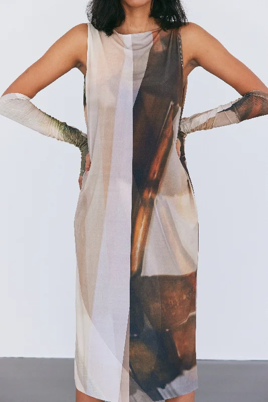 Graphic Midi Slip Dress & Gloves, Sepia