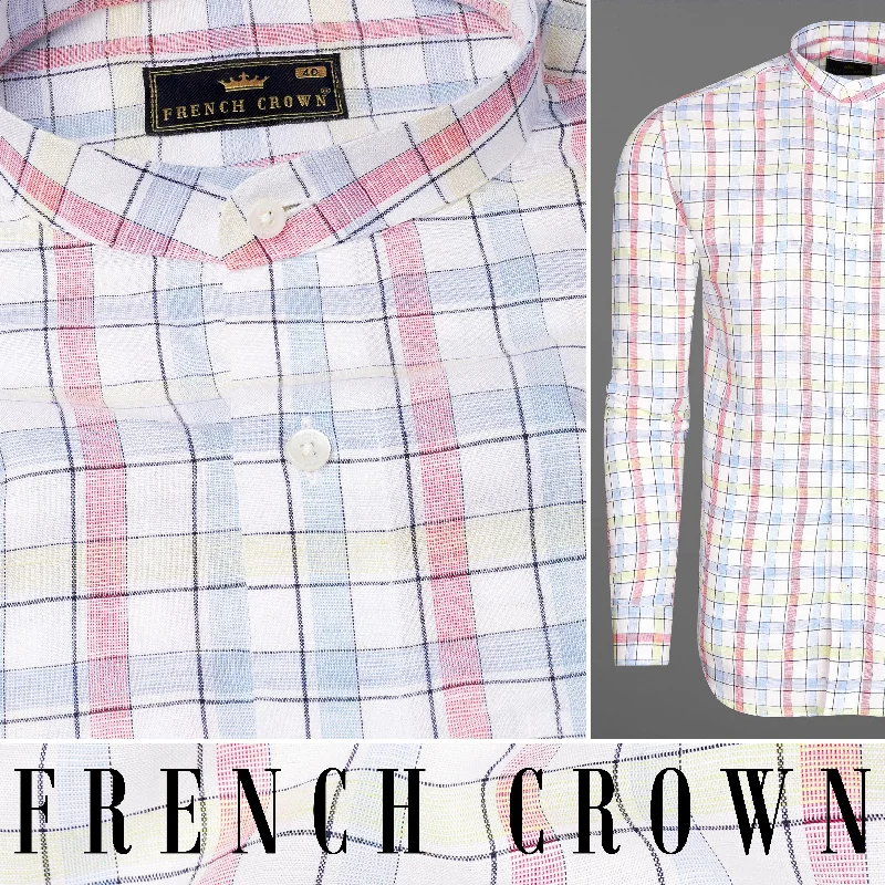 Bright White And Multi Coloured Windowpane Luxurious Linen Shirt