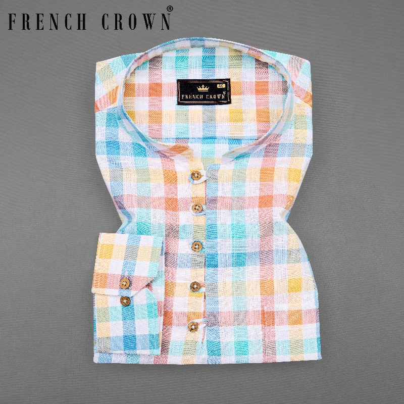 Bright White with Atomic Tangarine Orange Multicolour Checkered Chambray Textured Premium Cotton Kurta Shirt