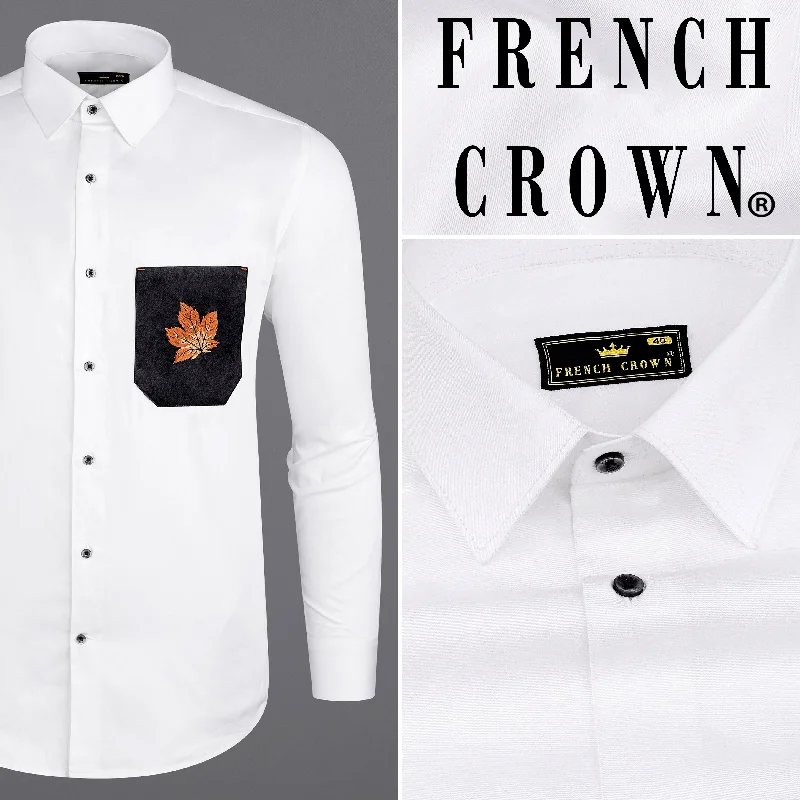 Bright White Subtle Sheen with Black Pocket and Leaves Embroidered Super Soft Premium Cotton Shirt