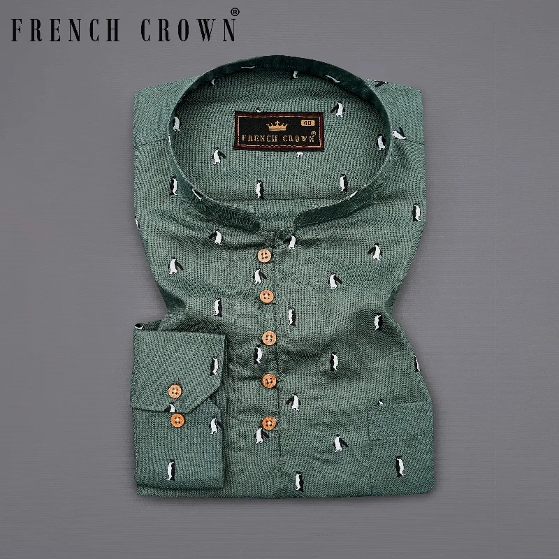 Cactus Green Penguin Printed Dobby Premium Giza Cotton Kurta Shirt