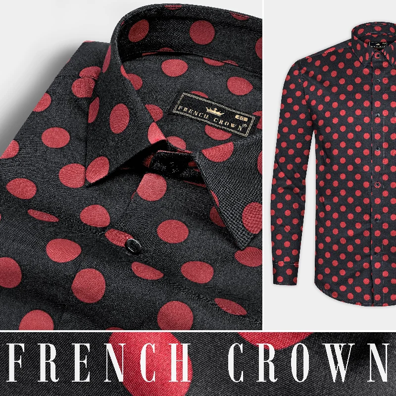 Charcoal Gray and Rose Red Polka Dotted Premium Cotton Shirt