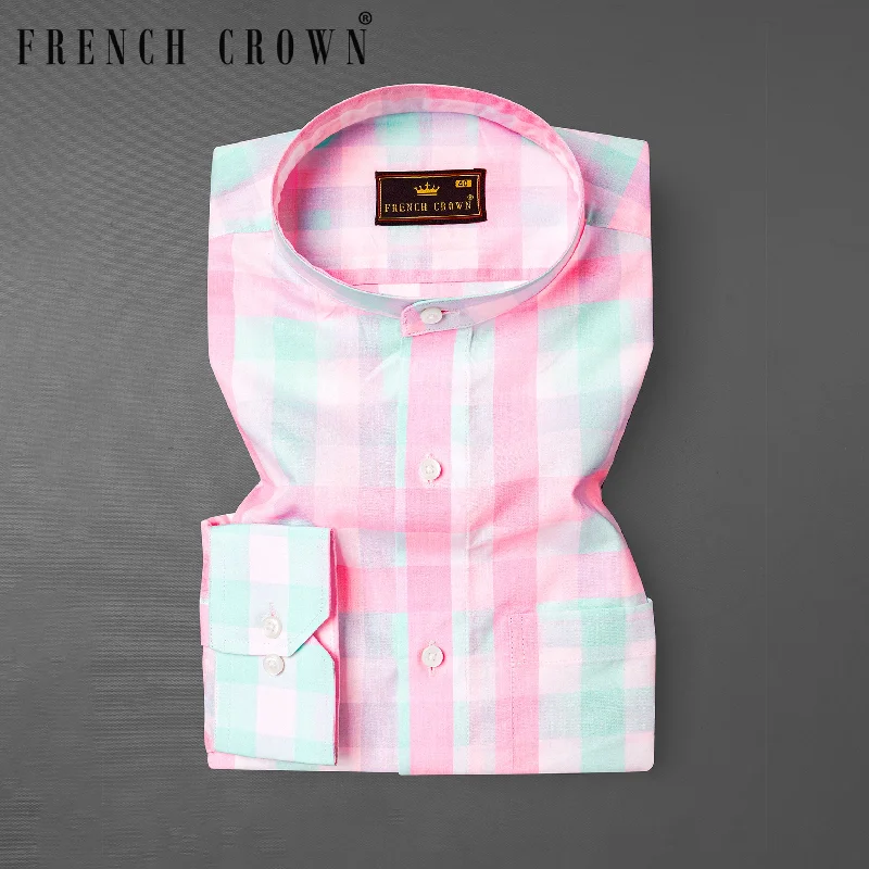 Cherry Blossom Pink and Onahau Sea Blue Plaid  Premium Cotton Kurta Shirt