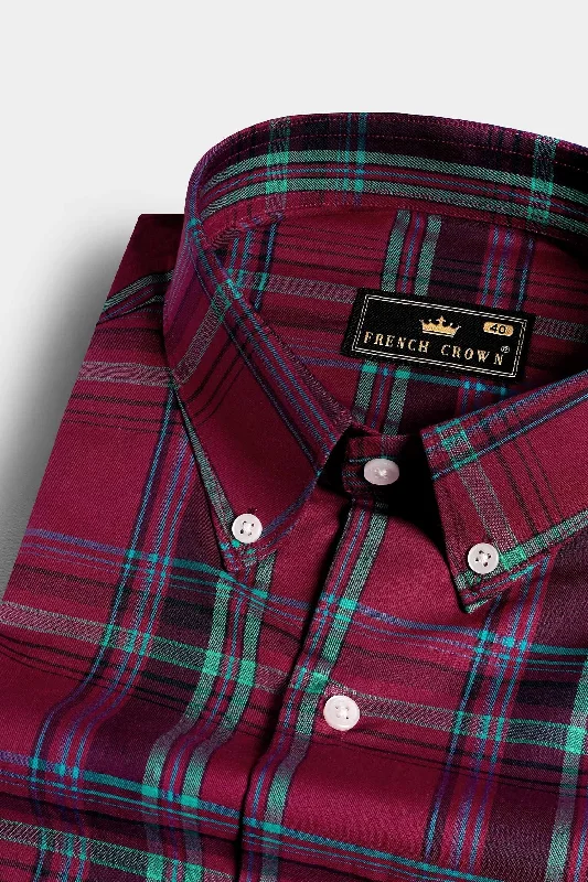 Claret Maroon and Vulcan Blue Plaid Subtle Sheen Super Soft Premium Cotton Shirt