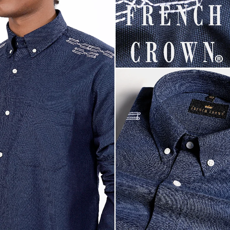 Cloud Burst Blue and White Handstitched Embroidered Royal Oxford Designer Shirt