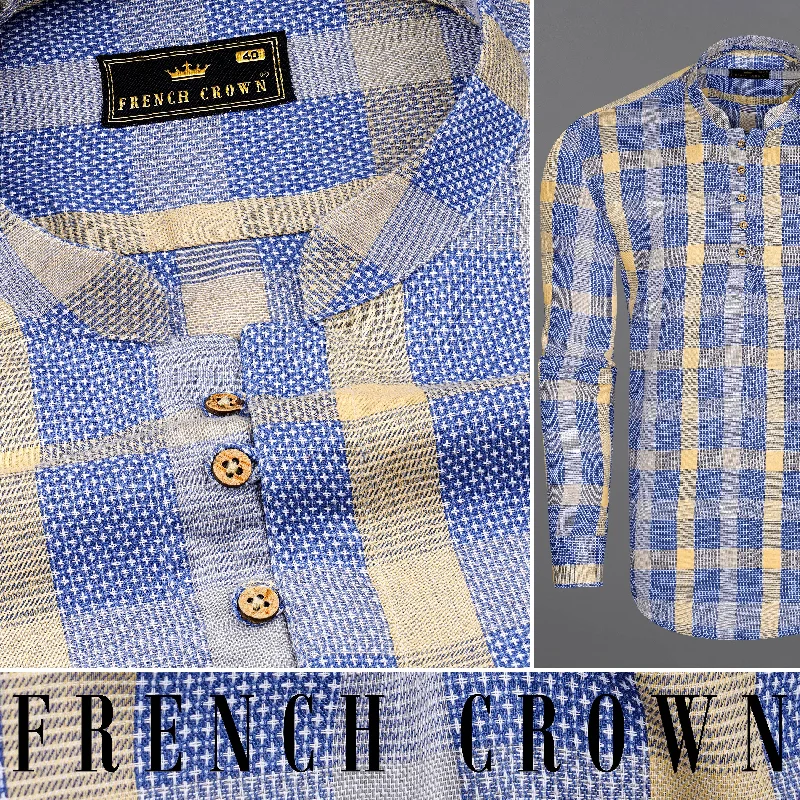 Glaucous Blue with Chardonnay Yellow Checked Dobby Kurta Shirt