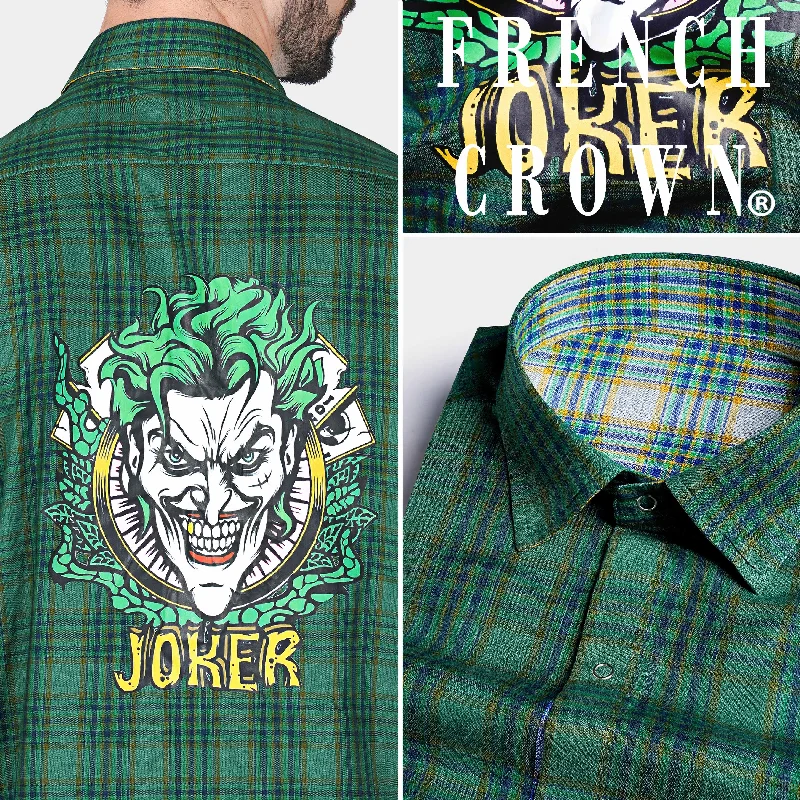 Pea Green and Zodiac Blue Plaid Joker Printed Herringbone Designer Shirt