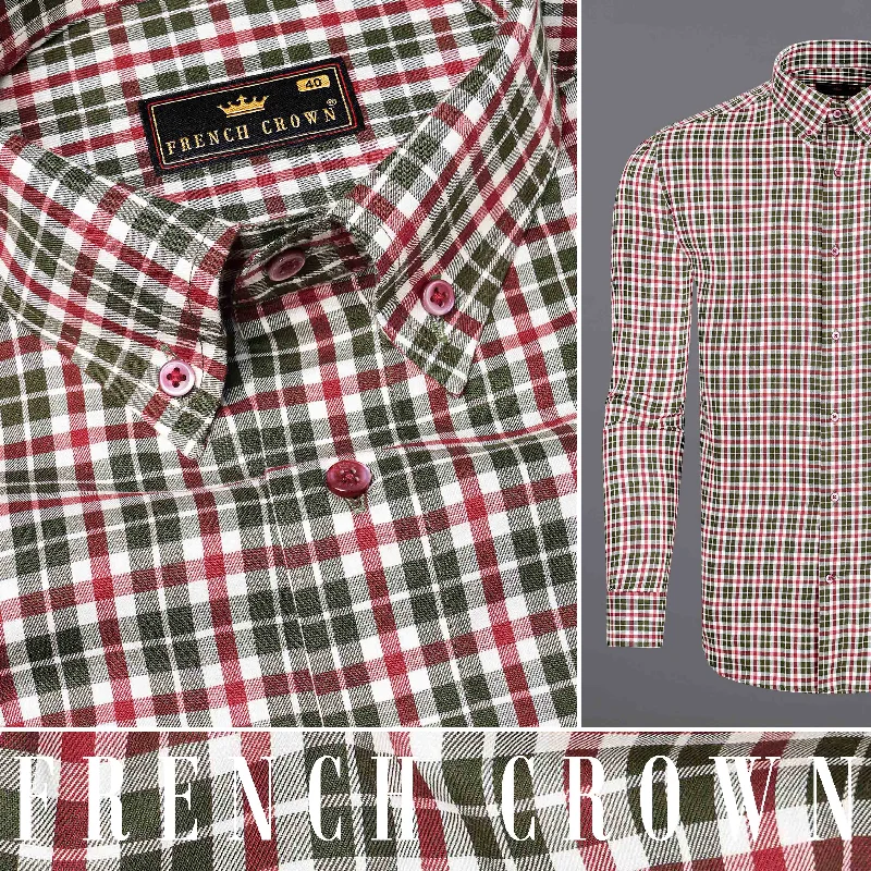 Smoky Topaz Red and Birch Dark Green Plaid Checkered Twill Premium Cotton Shirt