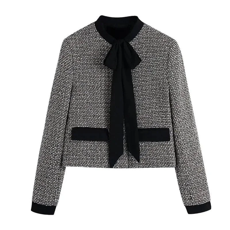 Elegant Bow Tied Women Tweed Jacket