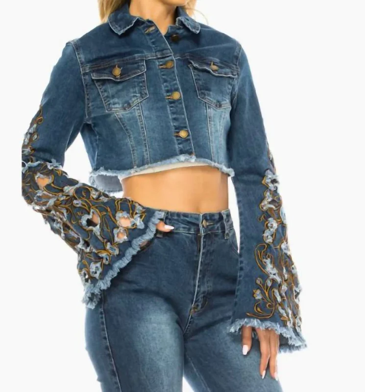 Floral Lace Jean Jacket In Denim