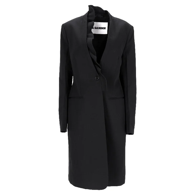 Jil Sander Single-Breasted Neck Ruffle Detail Coat in Black Wool