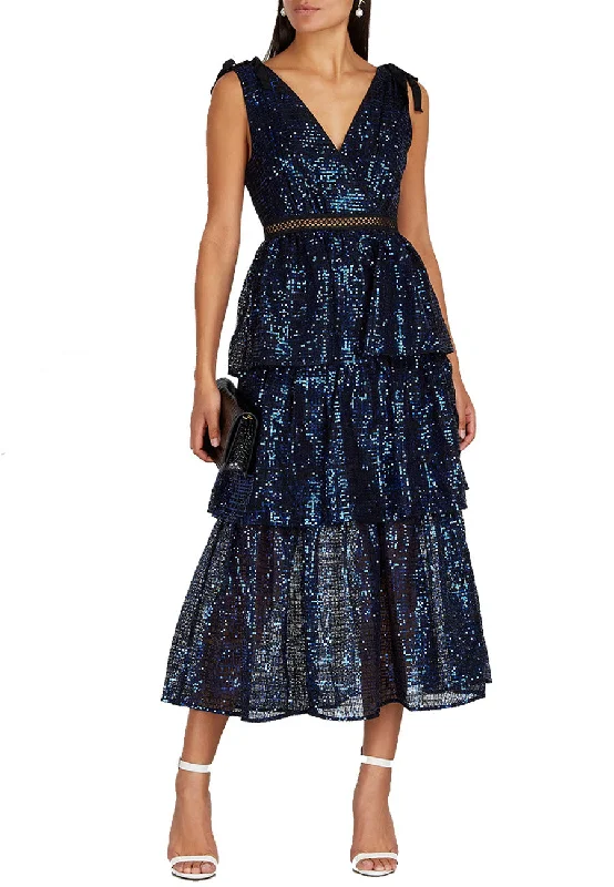 Blue Sequins Tiered Midi Dress